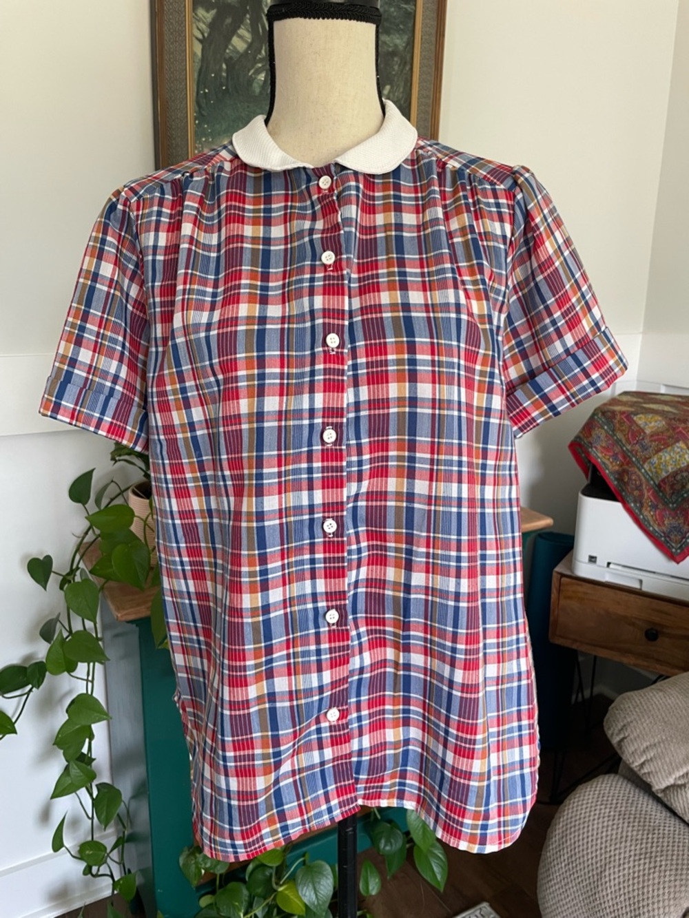 Vintage Center Stage Plaid Peter Pan Collar Women’s Button Down Short Sleeve LG